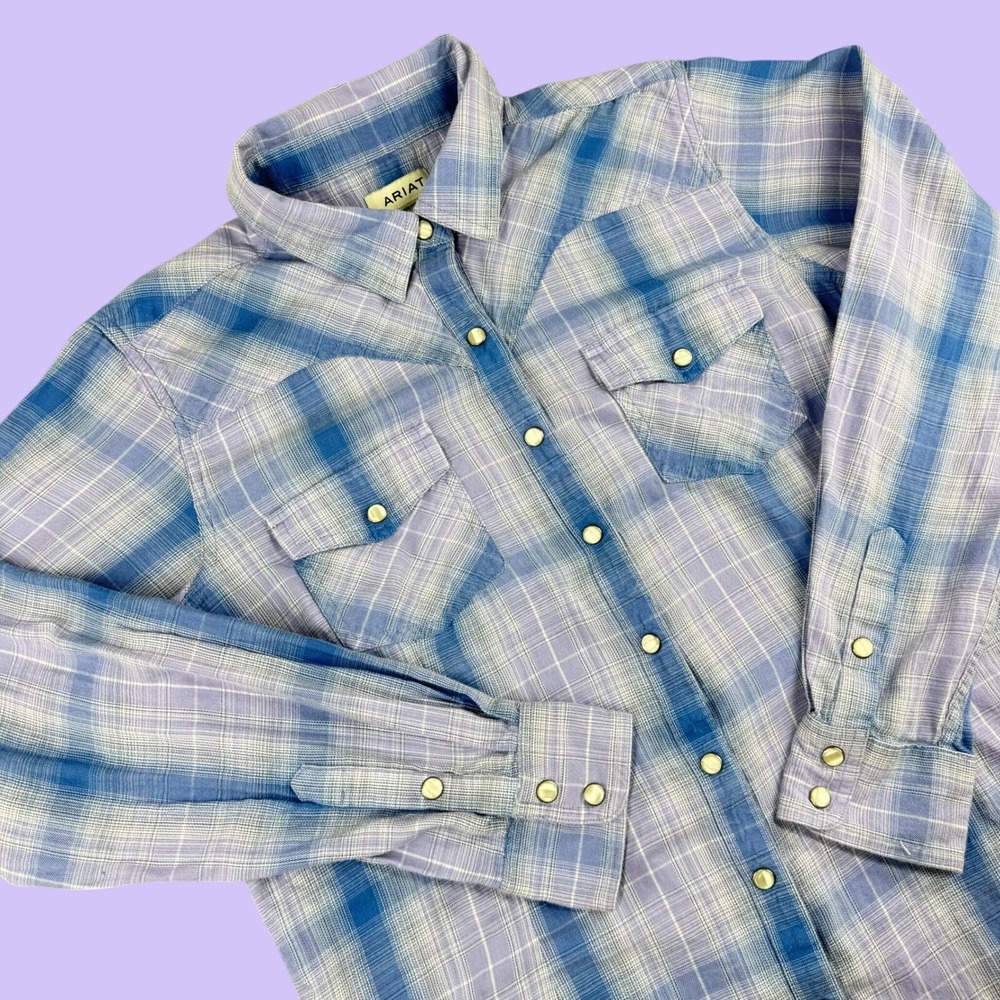 Ariat Womens Blue Purple Plaid Pearl Snap Western Shirt Long Sleeve Large Rodeo